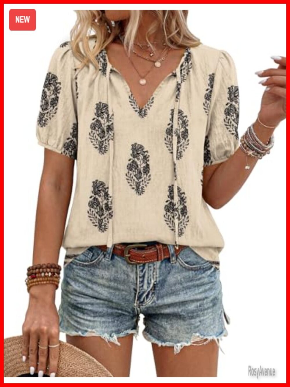 Boho Peasant Blouse Women Short Sleeve Tie-Front V-Neck Puff Sleeve Rayon Nylon